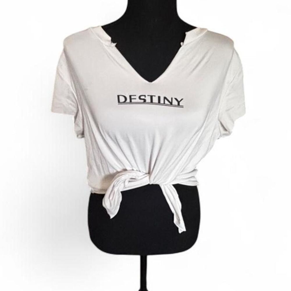SHEIN White "Destiny" Tie-Front Graphic Tee - Size XL